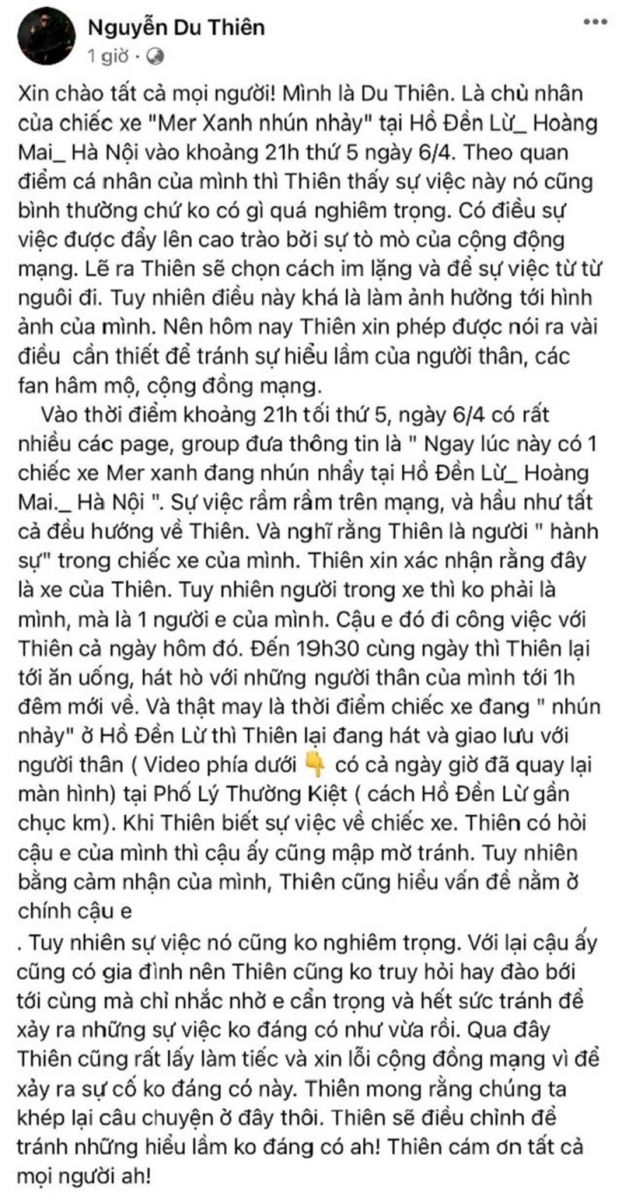 Nguyên văn đoạn trần tình của ca sĩ Du Thiên