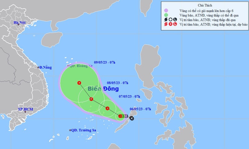 Vị trí và hướng di chuyển của áp thấp nhiệt đới lúc 7h sáng ngày 6.5