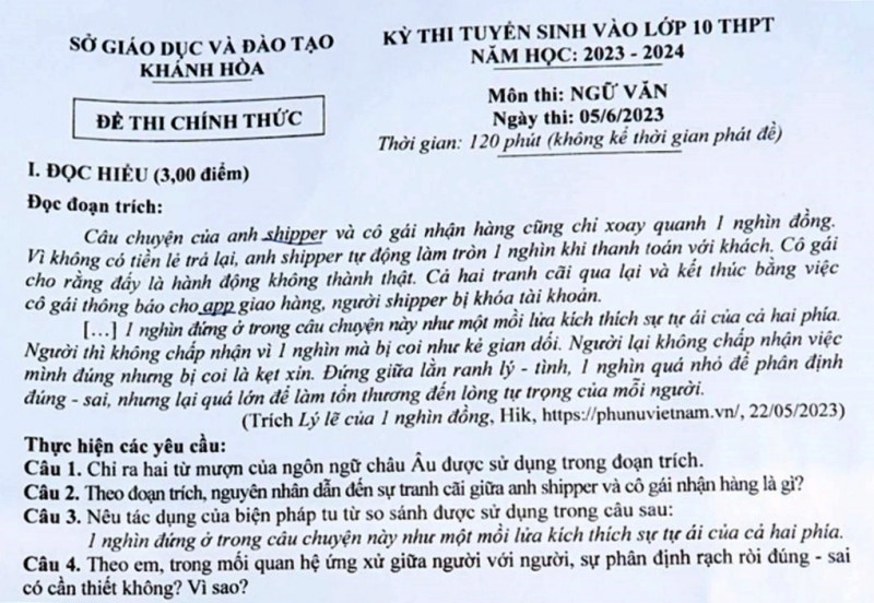 phần đọc hiểu của môn đề thi ngữ văn tuyển sinh lớp 10 tỉnh Khánh Hòa