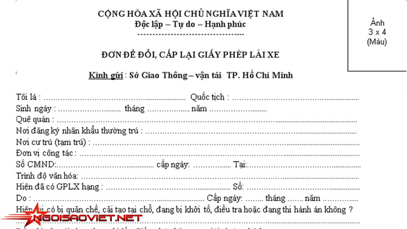 Mẫu đơn đổi, cấp lại Giấy phép lái xe ô tô